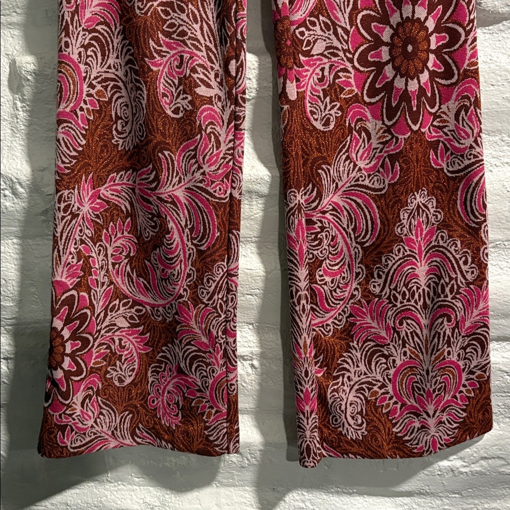 Anthropologie Maeve Pink Bronze Metallic Floral Paisley Wide Leg Flare Pants. - Picture 5 of 10
